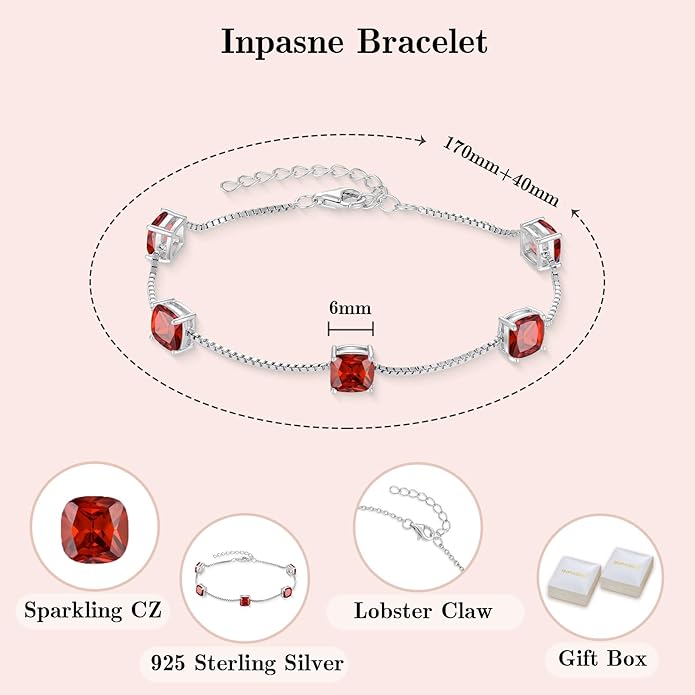 Birthstone Bracelet for Women 925 Sterling Silver Dainty Princess Cut Link Bracelet Jewelry Gifts for Her