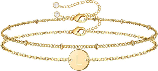 MONOZO Gold Initial Bracelets for Women Girls Christmas Gifts - Dainty 14K Gold Plated Layered Beaded Letter Initial Bracelet 26 Alphabet Disc Monogram Charm Bracelet Jewelry Christmas Gifts for Women