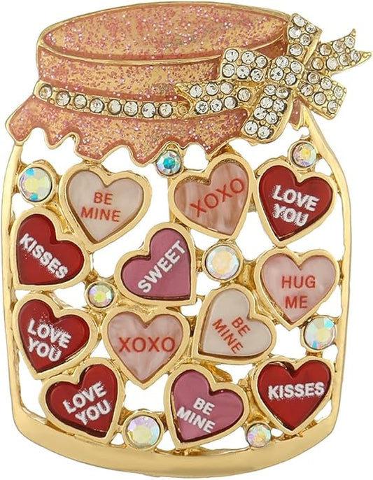 MADISON TYLER Valentines Day Heart Gift Box Brooch | Chocolate Gift Box Pave Rhinestone Heart | Gold Bow Brooch Jewelry for Her | Couples Gifts for Backpacks Valentine's Day