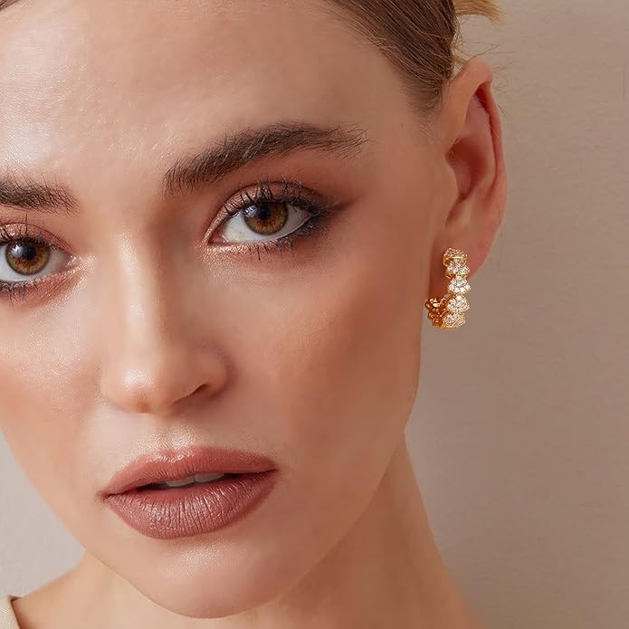 Gold Huggie Hoop Earrings 14K Gold Plated Dainty Chunky Thick Hoop Diamond Cubic Zriconia Inlay Sleeper Tiny Delicate Boho Beach Simple Hypoallergenic Jewelry Gift for Her