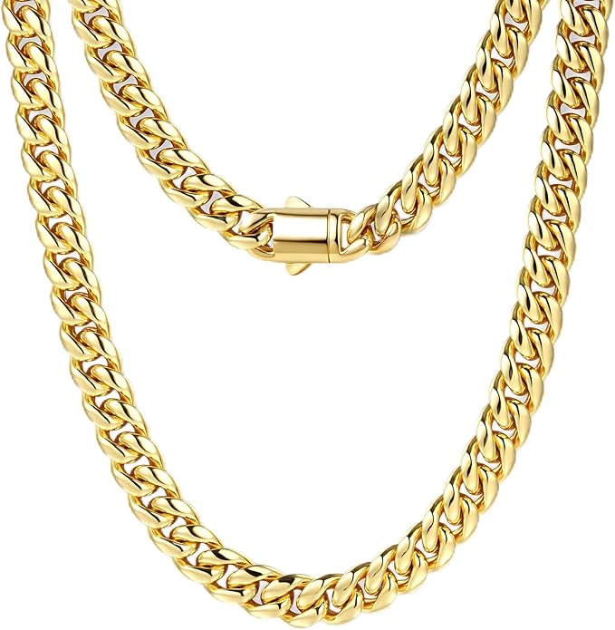 MUSECLOUD Gold Cuban Link Chain for Men Mens Stainless Steel Miami Curb Chains Necklace 5/8mm Thick Real Gold/Silver/Black Plated Diamond Cut Non-Tarnish Jewelry Trendy Christmas Gifts 18-26 Inch
