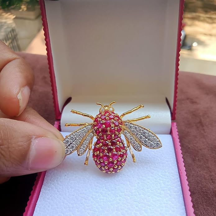 2Ct Round Cut Red Ruby & White Diamond Honey Bee Brooches Pin 14K Yellow Gold Plated