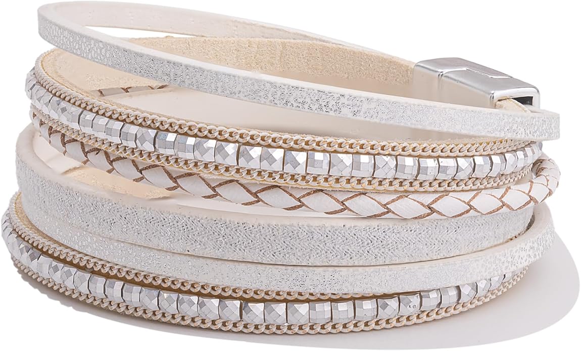 FANCY SHINY Boho Leather Wrap Bracelets Trendy Layered Bracelets with Magnetic Clasp Strackable Bohemian Jewelry Gifts for Women