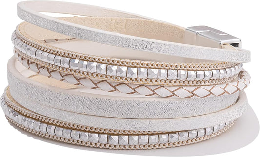FANCY SHINY Boho Leather Wrap Bracelets Trendy Layered Bracelets with Magnetic Clasp Strackable Bohemian Jewelry Gifts for Women