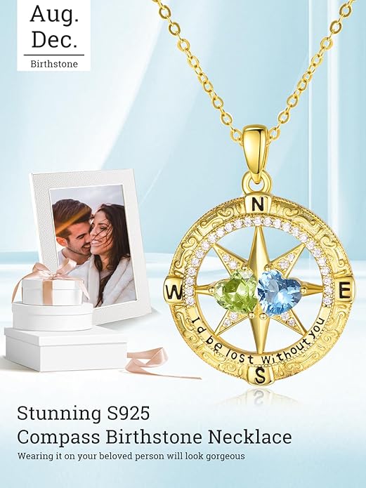 Zeuslia Double Birthstone Necklace Gifts for Wife - 925 Sterling Silver Sunflower/Rose/Crown Cross/Compass/Heart Pendant I Love You Necklace, Anniversary Birthday Gifts for Wife Girlfriend Mom Her