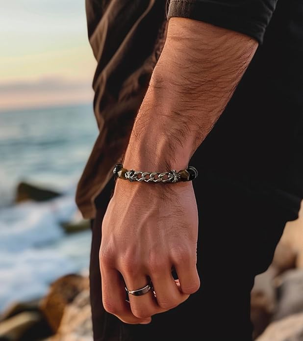 3pc Mens Beaded Bracelets Silver Stainless Steel Chain Bracelet for Men Handmade Braided Bracelet Sets Jewelry Gifts for Men