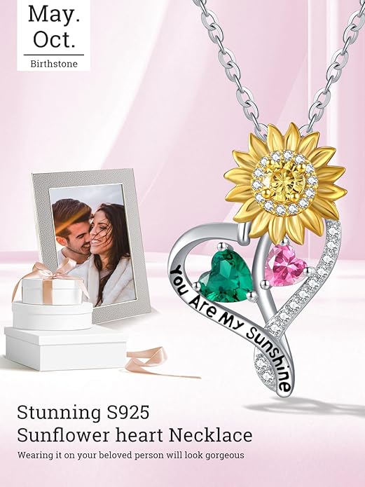 Zeuslia Double Birthstone Necklace Gifts for Wife - 925 Sterling Silver Sunflower/Rose/Crown Cross/Compass/Heart Pendant I Love You Necklace, Anniversary Birthday Gifts for Wife Girlfriend Mom Her