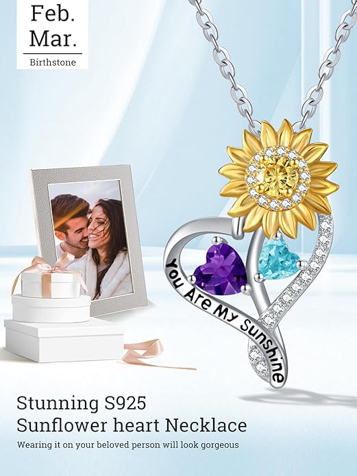 Zeuslia Double Birthstone Necklace Gifts for Wife - 925 Sterling Silver Sunflower/Rose/Crown Cross/Compass/Heart Pendant I Love You Necklace, Anniversary Birthday Gifts for Wife Girlfriend Mom Her