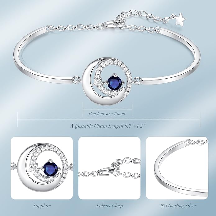 FANCIME Birthstone Bracelets 925 Sterling Silver Moon and Star Bangle Charm Bracelet Fine Jewelry Birthday Anniversary Christmas Day Gift for Her Women, Adjustable Chain 6.7"+1.2" Extend