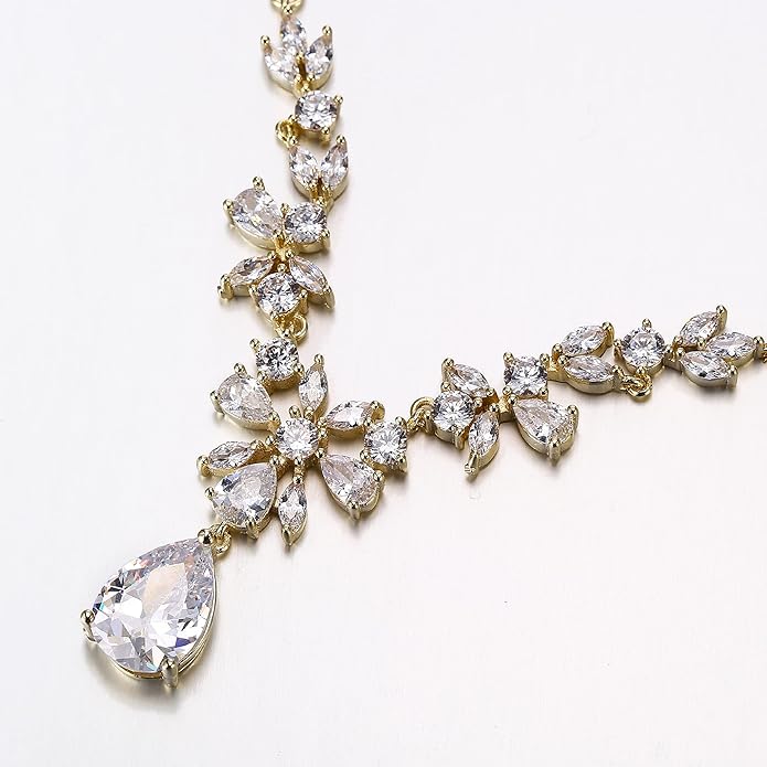 EleQueen Women's Wedding Bridal Jewelry Set for Brides Bridesmaids, Silver/14K Gold/Rose Gold Plated Cubic Zirconia Teardrop Necklace Dangle Earrings Bracelet Sets for Party Prom