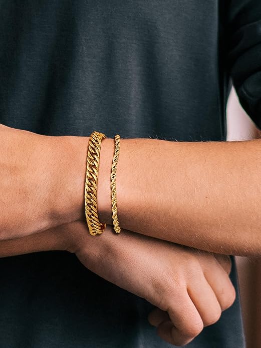 Richsteel 2PCS/3PCS Bracelets Chain for Men Women Stainless Steel Silver/Gold/Black Cuban/Rope Link Chain Bracelets Set, 7.4/8.2/9 Inch Hand Chain Length for Men Women Jewelry
