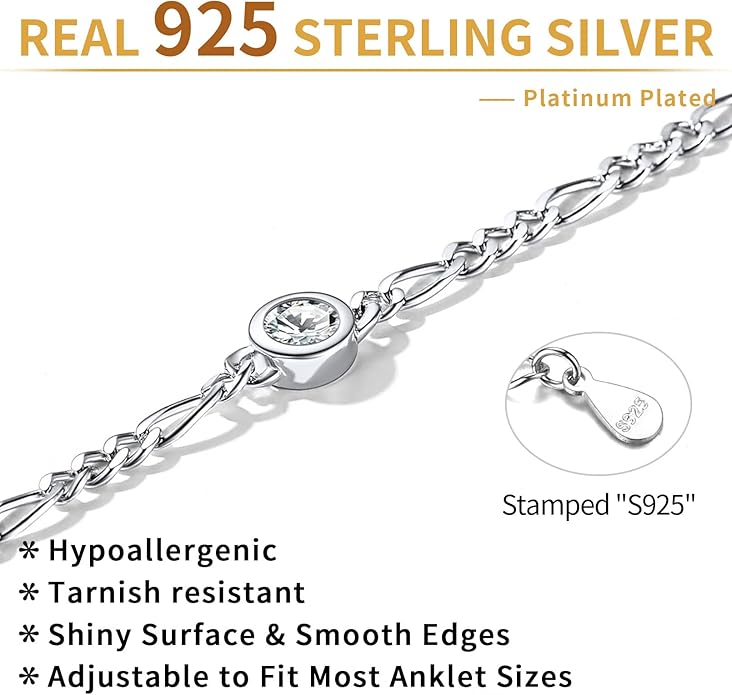 ChicSilver Sterling Silver Anklets Bracelets for Women, Figaro Chain Heart/Round Birthstone Anklet for Women Waterproof, Dainty Herringbone Ankle Bracelet Summer Beach jewelry
