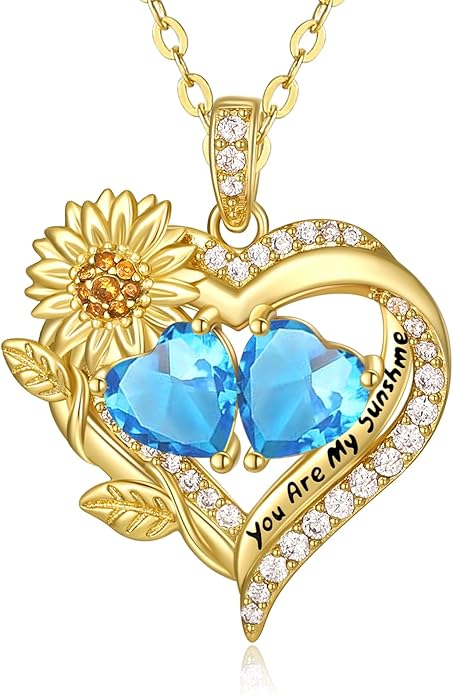 Sunflower Heart Necklace for Women 14K Gold Exquisite Anniversary Birthday Gifts for Wife Mother Her Double Birthstone Pendant jewelry‘You Are My Sunshine’