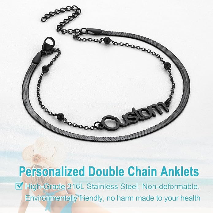 U7 Custom Layered Ankle Bracelets for Women Stainless Steel Bead/Cuban/Figaro/Rope/Wheat Chain Anklet Waterproof Anklet Jewelry for Beach Vacation