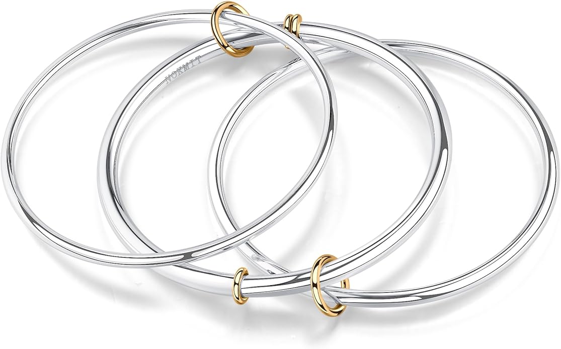 NOKMIT Triple Interlocked Stackable Bangle Bracelets for Women 3-Pack Two-Tone High Polished Stainless Steel Bangle Set Classic Plain Thin Non-Tarnish Gold&Silver