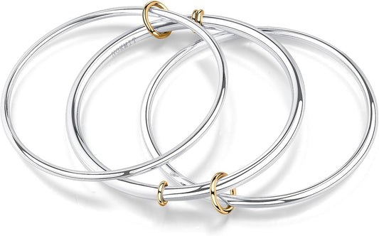 NOKMIT Triple Interlocked Stackable Bangle Bracelets for Women 3-Pack Two-Tone High Polished Stainless Steel Bangle Set Classic Plain Thin Non-Tarnish Gold&Silver