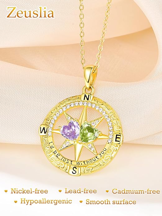 Zeuslia Double Birthstone Necklace Gifts for Wife - 925 Sterling Silver Sunflower/Rose/Crown Cross/Compass/Heart Pendant I Love You Necklace, Anniversary Birthday Gifts for Wife Girlfriend Mom Her