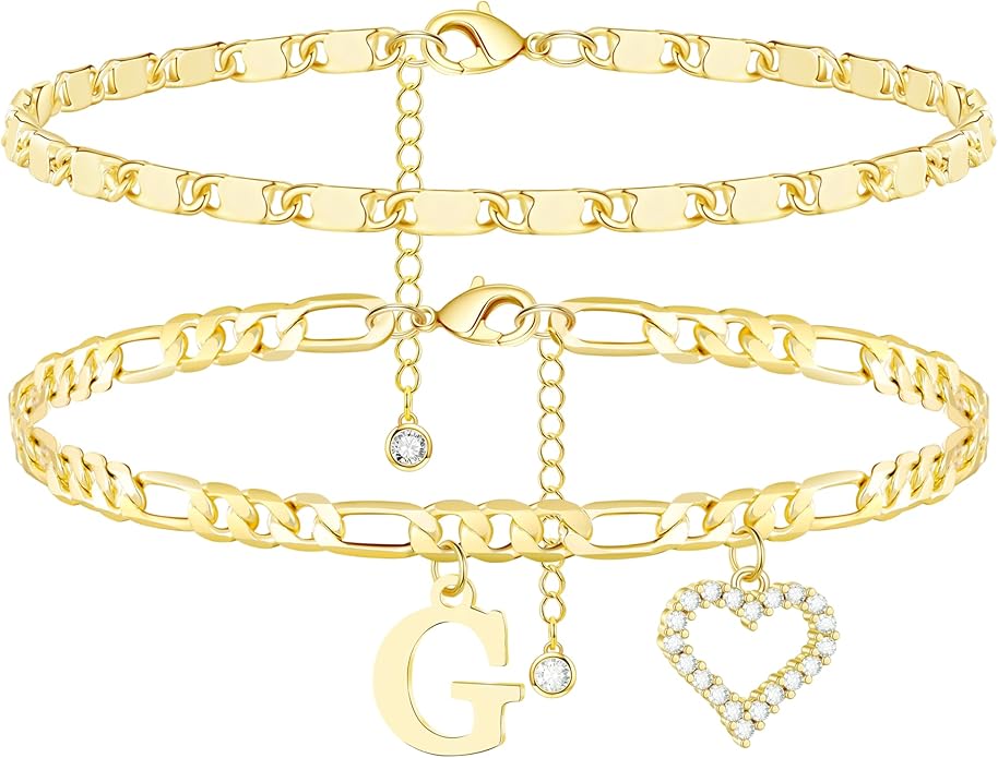 Initial Ankle Bracelets for Women Waterproof 14K Gold Plated Dainty Layered Figaro Chain Letter Initial CZ Heart Ankle Bracelets Set Summer Beach Jewelry for Women