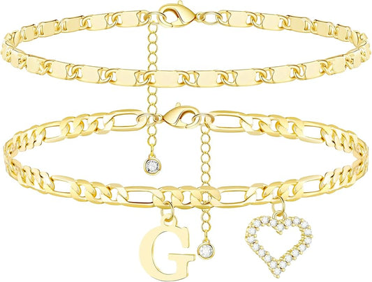 Initial Ankle Bracelets for Women Waterproof 14K Gold Plated Dainty Layered Figaro Chain Letter Initial CZ Heart Ankle Bracelets Set Summer Beach Jewelry for Women