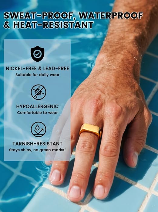 Bestyle Stainless Steel Signet Ring for Men Women in Gold/Black/Silver/Vintage Gray Tone, Chunky Thick Heavy Dome Band Ring Cool Finger Ring, Gift for Dad Husband, Size 7-14 Customizable