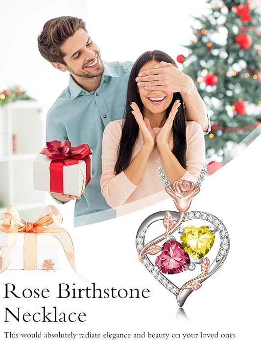 Christmas Gifts for Women Rose Heart Birthstone Pendant Necklace I Love You Forever Jewelry Valentine Mothers Day Birthday Gifts for Women Her Wife Girlfriend