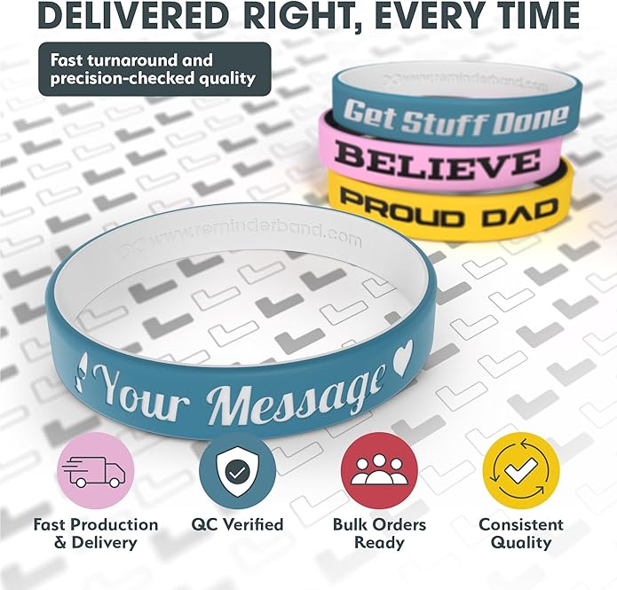 Reminderband Custom 100% Silicone Luxe Wristbands – Personalized Motivational Bracelets, Bulk Rubber Bands for Events, Fundraisers, Awareness, Gifts - Hypoallergenic Bands