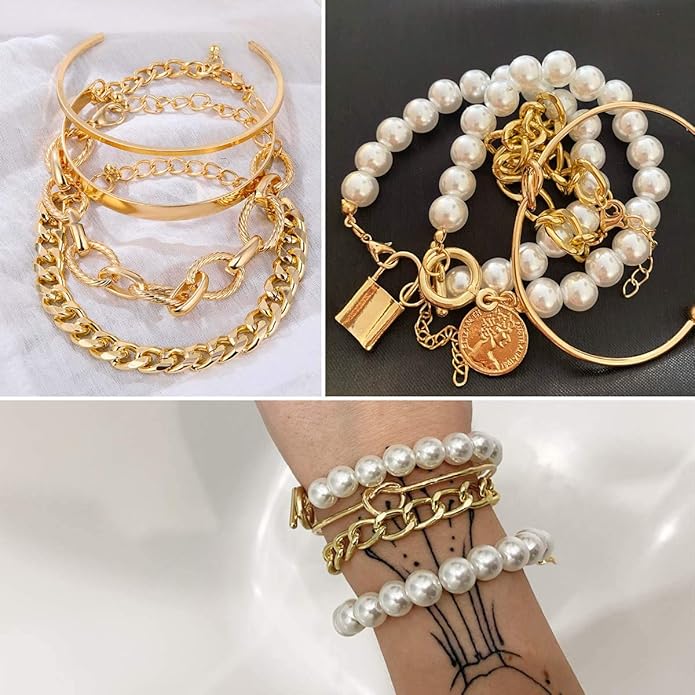 17IF 18-25 PCS(6 Pack) Boho Gold Bracelets Set for Women Stackable Chunky Dainty Bangles Adjustable Chain Flat Cuff Cuban Punk Charm Bundle Jewelry