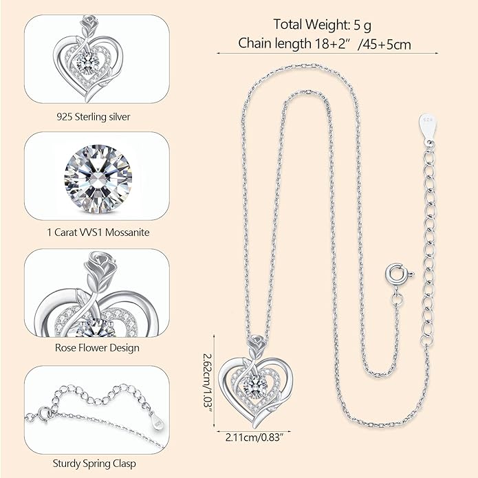 LAVUMO Moissanite Necklace for Women 925 Silver, 1 Carat Moissanite Diamond Double Heart Rose Pendant Christmas Valentines Day Anniversary Birthday Jewelry Gifts for Her Wife Girlfriend Mom