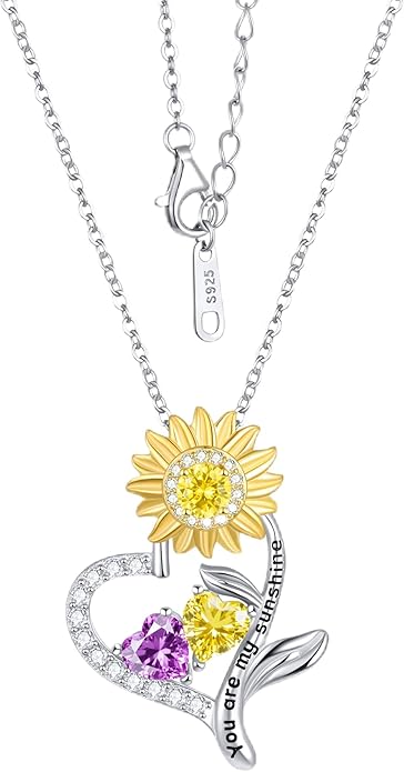 PERJI Valentine's Day Gifts for Women - 925 Sterling Silver Double Birthstone Sunflower Necklace, Anniversary Birthday Jewelry You are My Sunshine Gifts for Wife Couple Girlfriend 18"+2" Non Tarnish