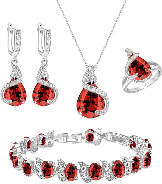 GZWHD Jewelry Set for Women Water Drop Cubic Zirconia Artificial Crystal Earrings Pendant Necklace Open Ring Tennis Bracelet Wedding Anniversary Birthday Engagement Gift for Bridesmaid Wife Girlfriend Friend
