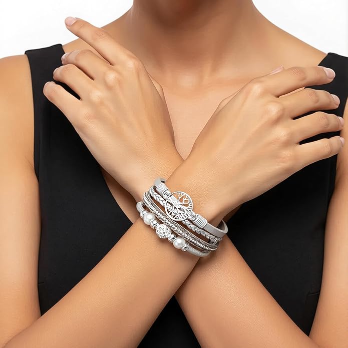 Edoneery Leather Wrap Bracelet for Women, Boho Handmade Multi-Layer Cuff with Crystal Beads Heart, Stackable Bangle Western Jewelry Gift