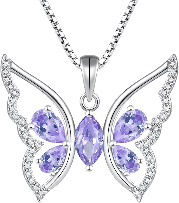 YL Women's Butterfly Necklace 925 Sterling Silver Flower Rose Pendant Birthstone Halo Jewelry