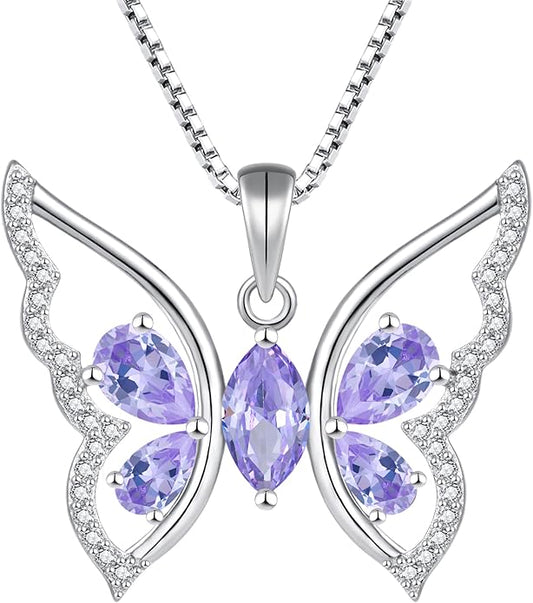 YL Women's Butterfly Necklace 925 Sterling Silver Flower Rose Pendant Birthstone Halo Jewelry