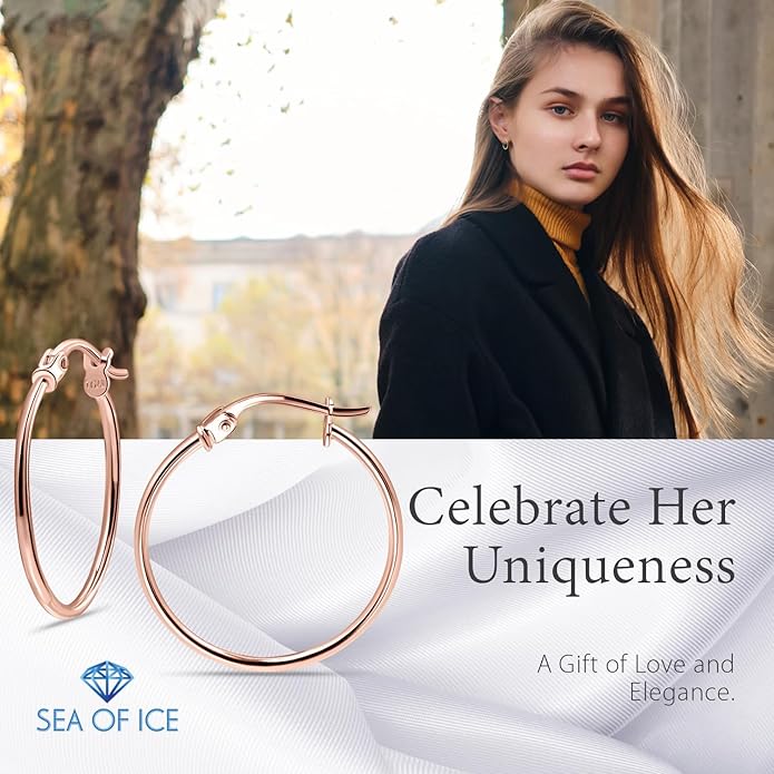 SEA OF ICE 925 Sterling Silver Hoop Earrings for Women - Hypoallergenic Earrings for Women in Sterling Silver, Yellow Gold, Rose Gold or Black Rhodium | Sizes 12MM, 15MM, 20MM or Multipack