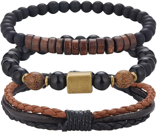 3pc Mens Beaded Bracelets Silver Stainless Steel Chain Bracelet for Men Handmade Braided Bracelet Sets Jewelry Gifts for Men