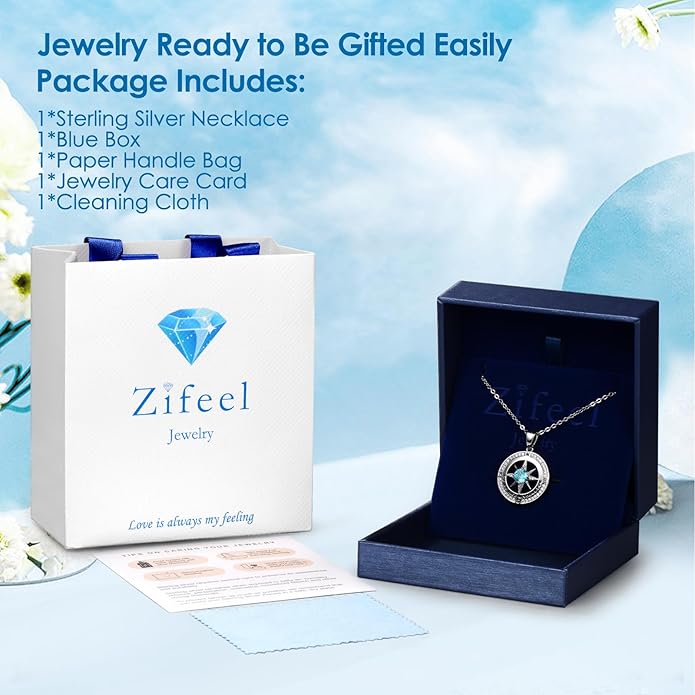Zifeel Compass Necklace Gifts for Women wife - S925 Sterling Silver Birthstone Necklaces for Women - Anniversary Birthday Gifts for Her Wife Girlfriend - Valentines Mom Mothers Day Christmas Gifts Jewelry for Women