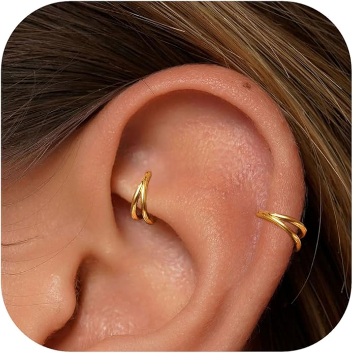 2 PCS Small Cartilage Double-Hoop Helix Conch Piercing Earrings With Cubic Zirconia For Women Trendy 14K Gold Plated Titanium Surgical Stainless Steel Sets Jewelry