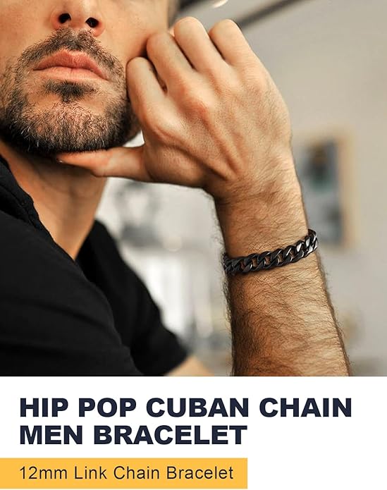 U7 Link Bracelets for Men, Cuban Link/Rope/Watch Band Solid Bracelet, Silver Black Gold Color Wrist Bracelet 3/6/9/12/15mm Width, 6.5/7.5/8.3 Inch Length, Hand Chain Jewelry for Mens Women
