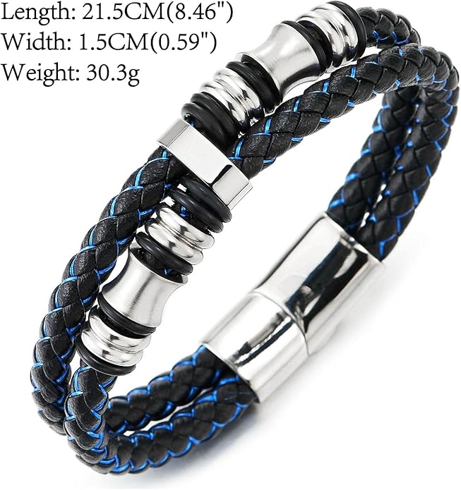 COOLSTEELANDBEYOND Mens Double-Row Braided Leather Bracelet Bangle Wristband with Stainless Steel Ornaments