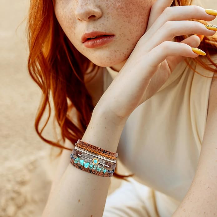 Fesciory Leopard Bracelet for Women, Boho Leather Wrap Multi-Layer Pearl Crystal Bracelet Bangle Jewelry