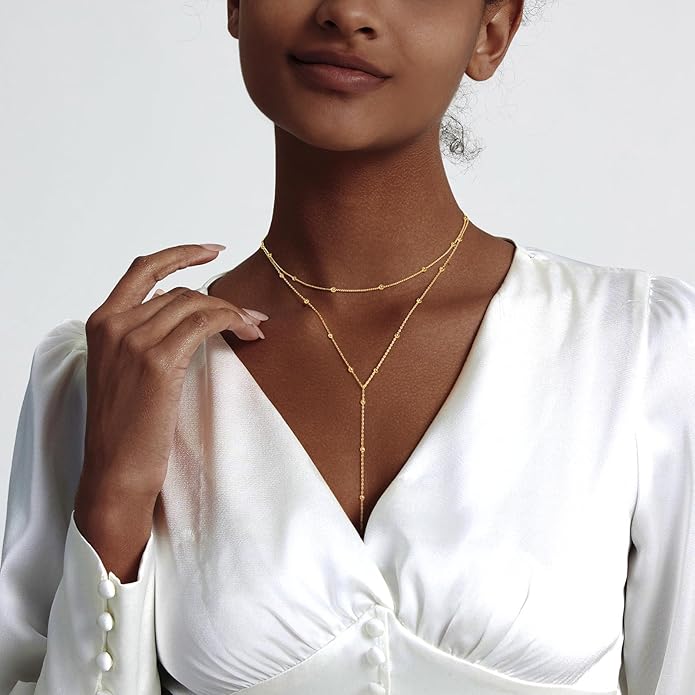 Zeffy Lariat Gold Necklace for Women, Dainty Long Necklace 14k Gold/Silver Plated Layered CZ Beaded Bar Chain Y-Shaped Body Chain Stack Drop Wedding Necklace Trendy Simple Gold Jewelry Gifts