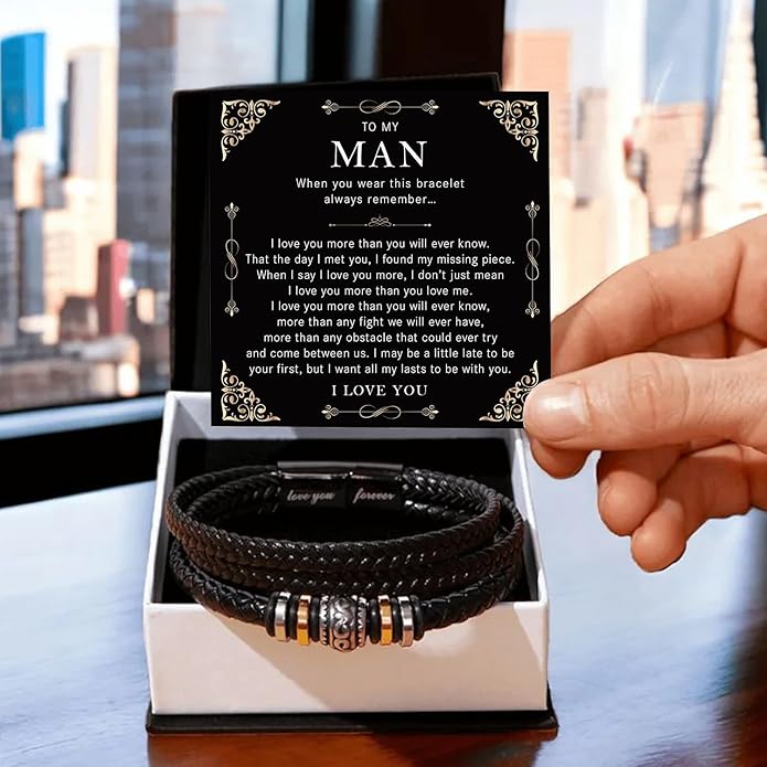 Mapileng To My Man – Braided Leather & Stainless Steel Bracelet with Heartfelt ‘Love You Forever’ - Elegant Gift Box Included, Gift from Girlfriend or Wife for Husband, Boyfriend, or Brother