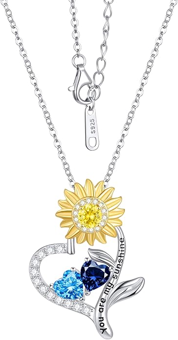 PERJI Valentine's Day Gifts for Women - 925 Sterling Silver Double Birthstone Sunflower Necklace, Anniversary Birthday Jewelry You are My Sunshine Gifts for Wife Couple Girlfriend 18"+2" Non Tarnish