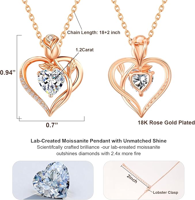 1.2CT Rose Heart Moissanite Necklace for Women Jewelry D Color VVS1 S925 Sterling Silver 18K Rose Gold Plated For Wife Girlfriend Mom Daughter for Wedding Anniversary Christmas Birthday Gift for Women Conveys I Love You Message