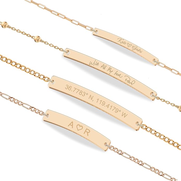 Personalized Sterling Silver/Stainless Steel Bar ID Bracelet - Custom Engraved Inspirational Words, Dates or Names- Adjustable - Gift Box Included - Elegant Jewelry for Anniversary, Birthday, Weddings