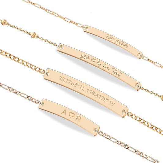 Personalized Sterling Silver/Stainless Steel Bar ID Bracelet - Custom Engraved Inspirational Words, Dates or Names- Adjustable - Gift Box Included - Elegant Jewelry for Anniversary, Birthday, Weddings