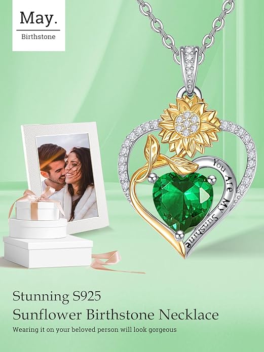 Zeuslia Double Birthstone Necklace Gifts for Wife - 925 Sterling Silver Sunflower/Rose/Crown Cross/Compass/Heart Pendant I Love You Necklace, Anniversary Birthday Gifts for Wife Girlfriend Mom Her