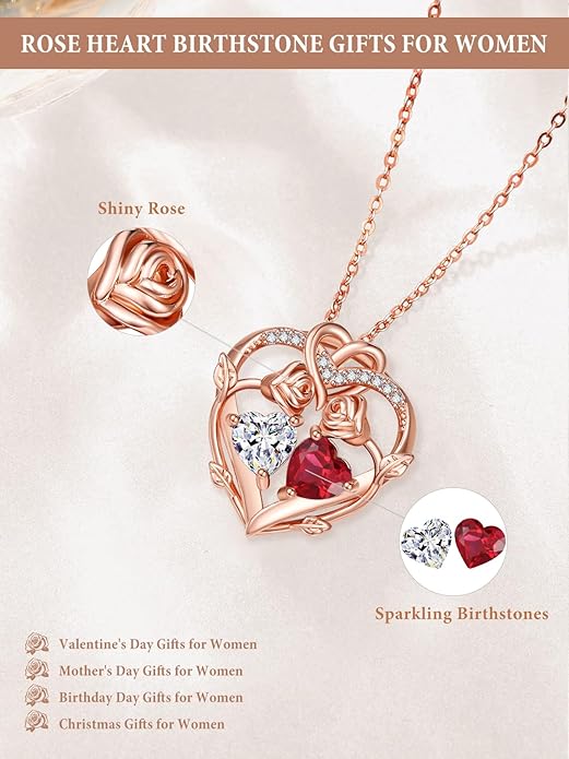 Rose Gold Necklaces for Women Double Birthstone Rose Flower Heart Pendant Necklace Jewelry Anniversary Christmas Valentine's Mother's Day Birthday Gift for Wife Mom Her Girlfriend Sister