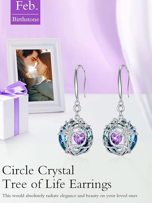 TOUPOP Tree of Life Birthstone Earrings for Women 925 Sterling Silver Family Tree Dangle Earrings Austrian Crystal Jewelry Birthday Christmas Gifts for Her Girlfriend Wife Mom