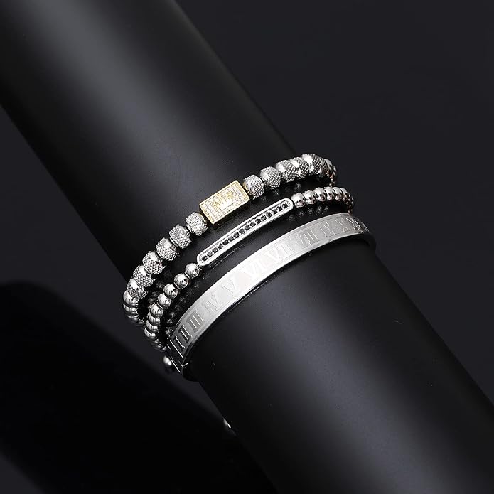 WFYOU 3PCS Stainless Steel Bracelets for Men Gold Roman Numeral Bangle Bracelet Twisted Cable Bracelet Adjustable Cuff Bracelet Mens Luxury Jewelry Bracelets Gifts